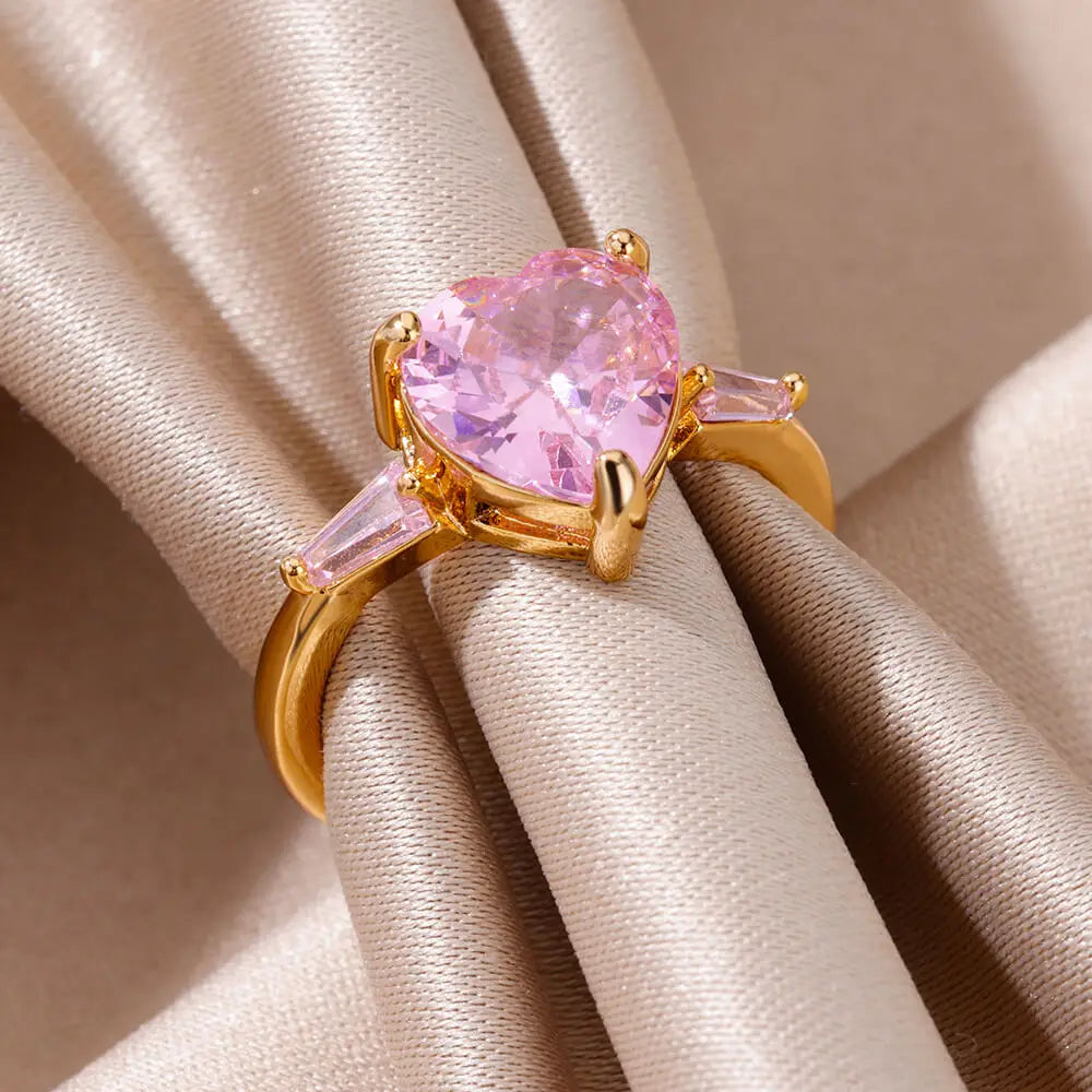 Pink Zircon Heart Rings For Women Gold Plated Stainless Steel Adjustable Heart Ring 2023 Trend Wedding Aesthetic Jewelry Gift