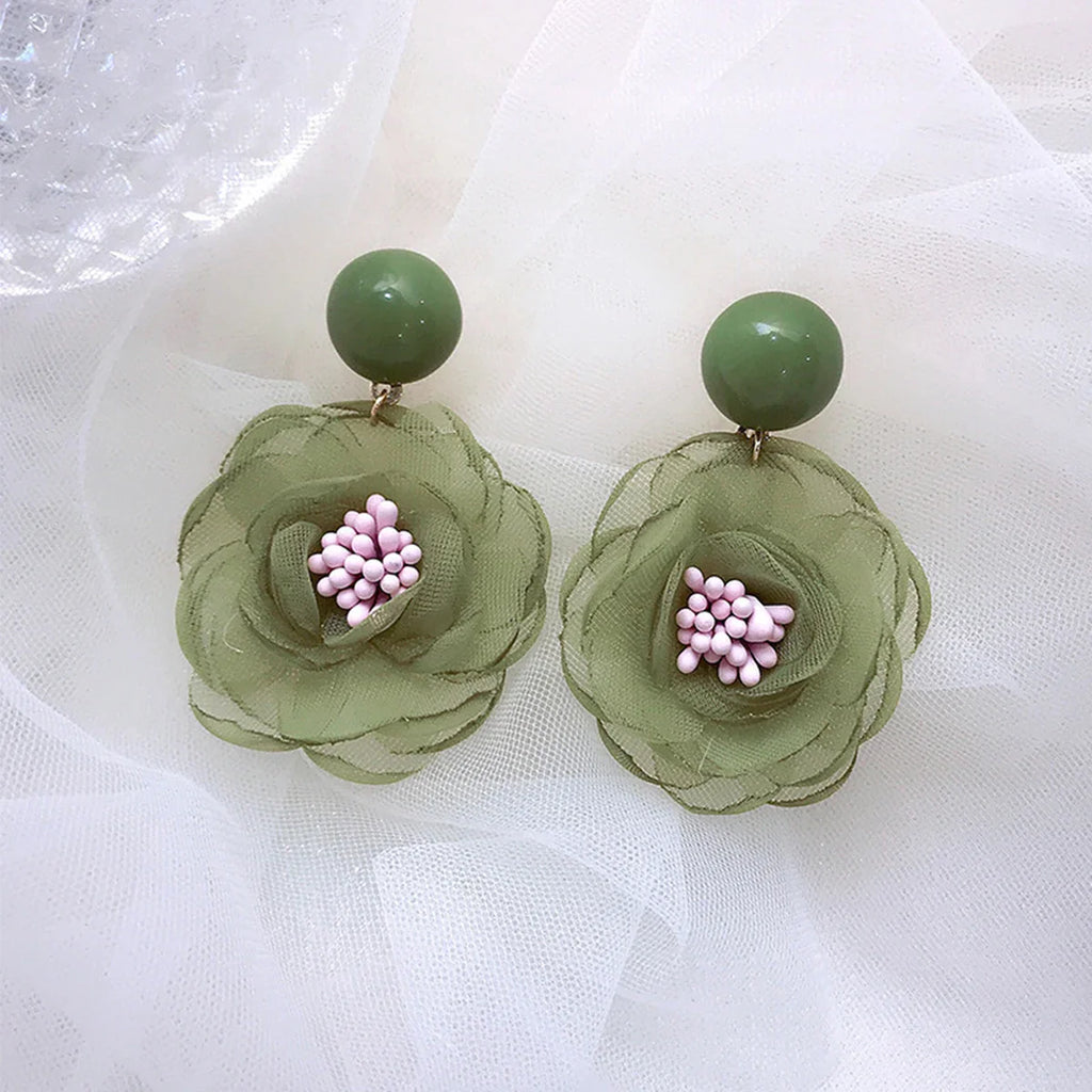 Needle Soft Snowflake Lace Flower Girl Soft Purple Milk Fruit Green Flower Dewdrop Earrings Ear Clips Fresh Sweet Style Ear Stud