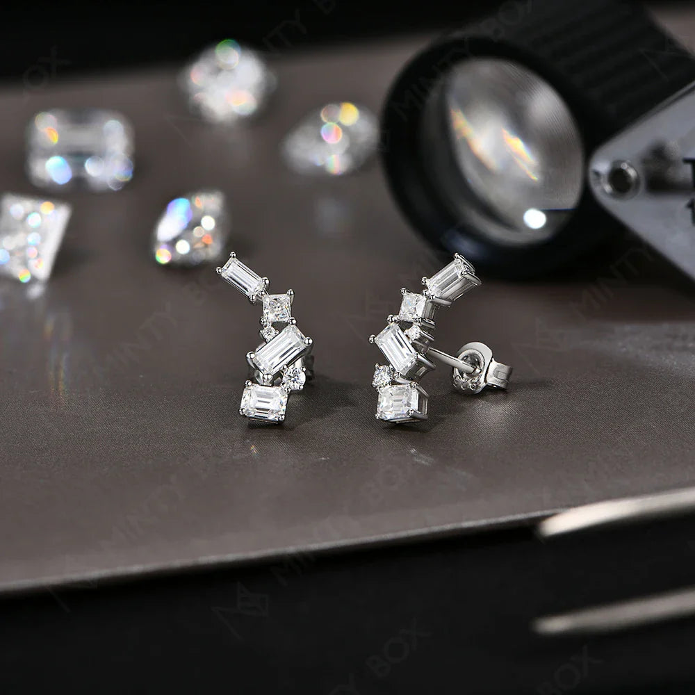 MINTYBOX Moissanite Stud Earrings for Women S925 Sterling Silver Lab Diamond Baguette shape Irregular Earring Engagement Jewelry