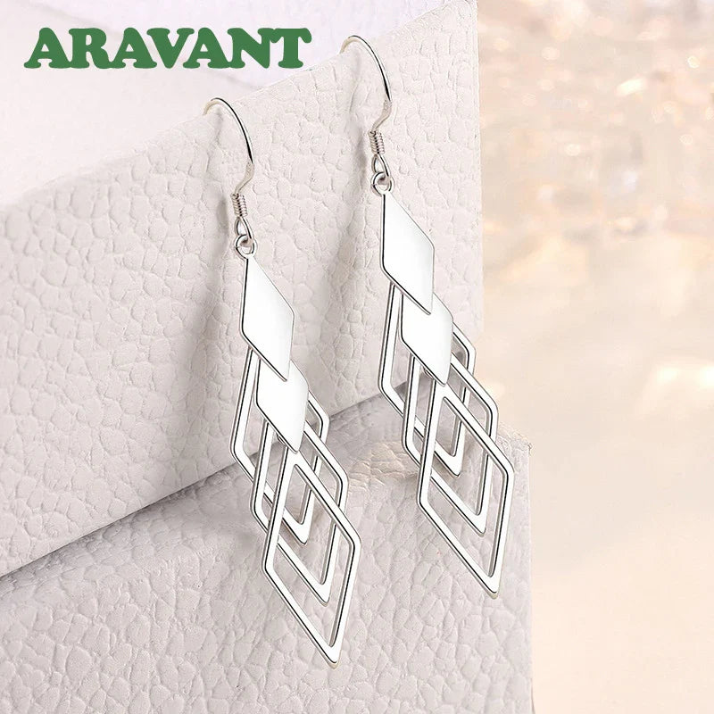 Aravant 925 Silver Hollow Geometric Long Drop Earrings For Women Fashion Jewelry