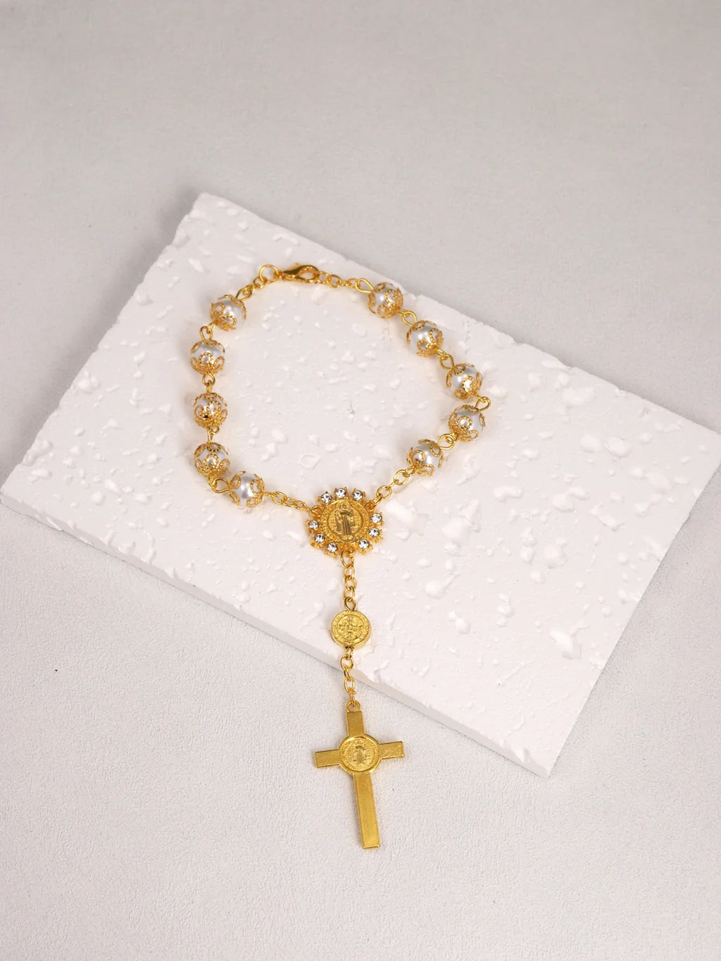 One Decade Auto Rosary Beads Catholic Bracelet Saint Benedict Crucifix Divine Mercy Gift for Women Men
