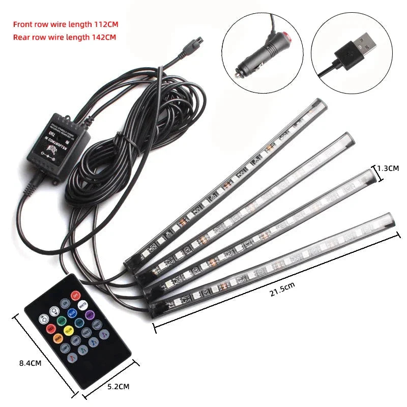 Universal RGB LED Car Interior Lights - 8-Color Ambient Strip Lamps with Music Control