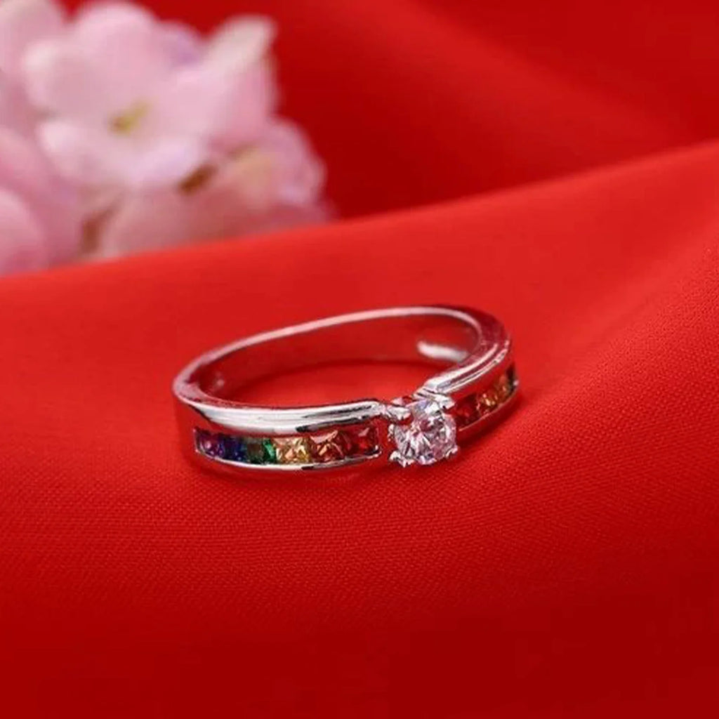 Real 100% 925 Sterling Silver Color Rainbow Cubic Zircon Rings For Women Wedding Lovely Engagement Proposal Ring Accessory