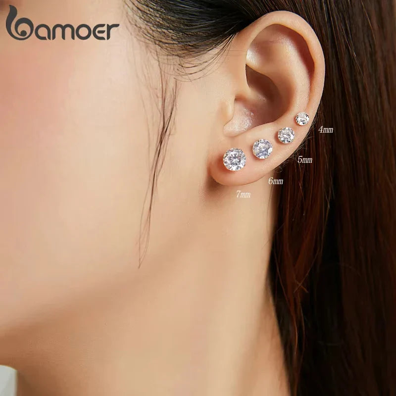 Bamoer CZ Stud Earrings 925 Sterling Silver Platinum Plated Round Cubic Zirconia Hypoallergenic Barbell Earrings 4-7mm