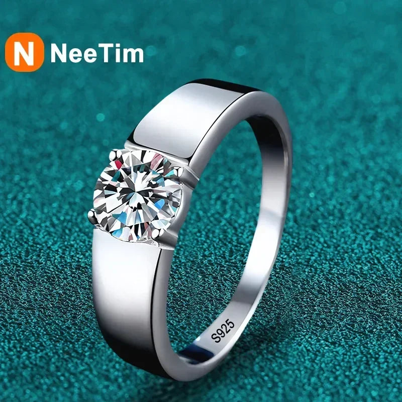 NeeTim 1ct 2ct D Moissanite Wedding Band Men Ring 925 Sterling Silver Engagement Rings For Man With Certificate Fine Jewelry