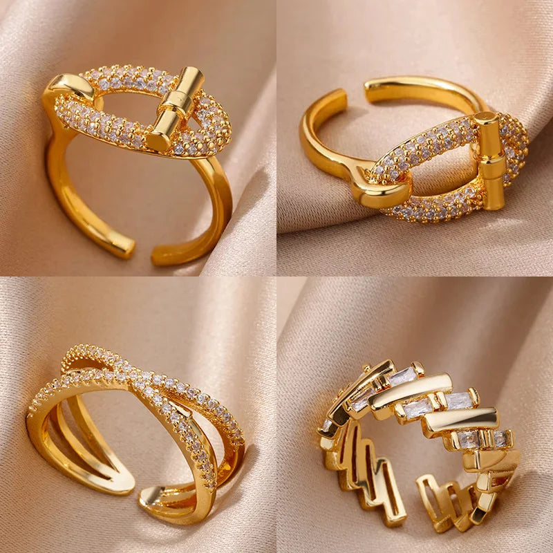 Stainless Steel Oval Hollow Zircon Open Rings For Women Gold Color Trendy Wedding Aesthetic Ring Summer Jewelry Accessories BFF