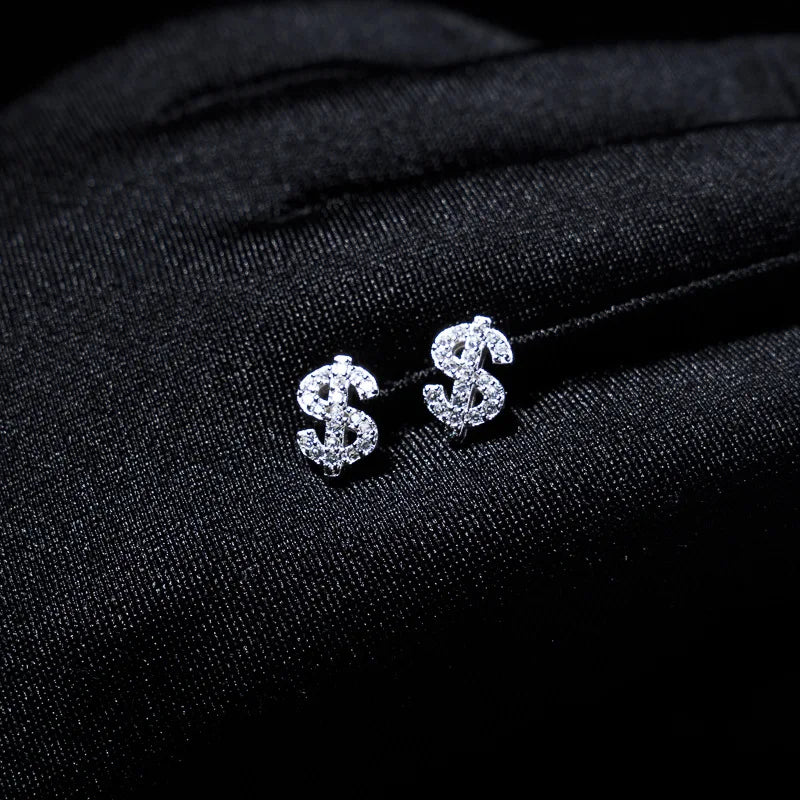 American Full Diamond Dollar Letter Stud Men's Senior Sense Super Flash Hip Hop Trend Niche Men's And Women's Fashion Earrings