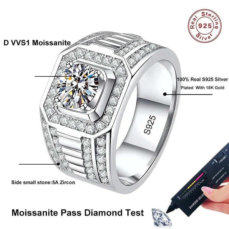 NeeTim Moissanite Ring For Men Sterling Silver Platinum Plated Ring Lab Diamond Men's Rings Man Wedding Band Fine Jewelry