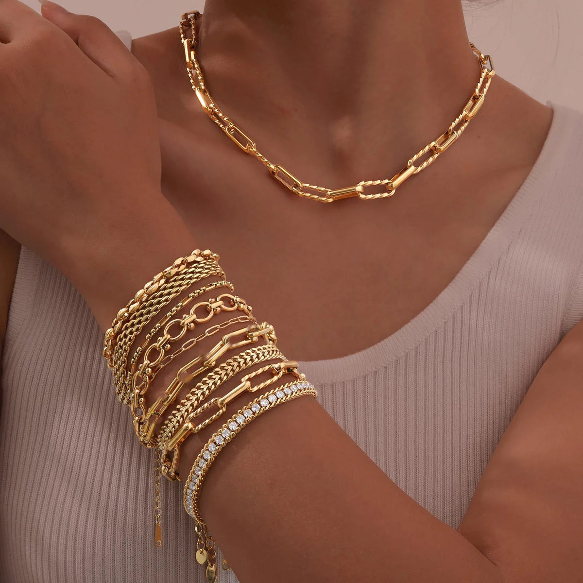 Women Stainless Steel Chain Bracelet,18K Gold Plated Twist Paperclip Adjustable Link Bracelet,Chunky Stackable Layered Jewelry