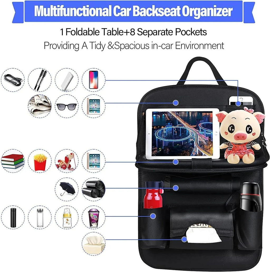 Car Seat Back Organizer with Foldable Table Tray – PU Leather Storage
