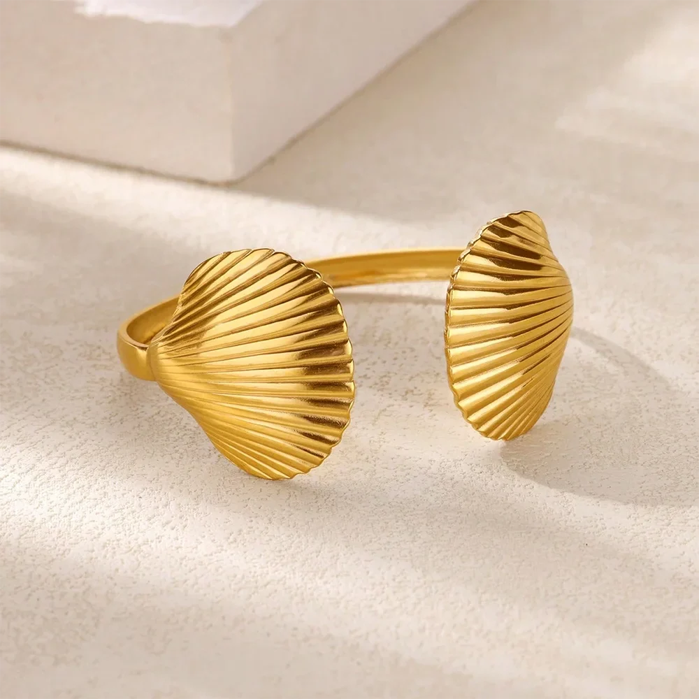 Summer Waterproof Cuff Bangles Bracelet For Women Cute Flower Double Layer Open Stainless Steel Gold Color Star Shell Jewelry