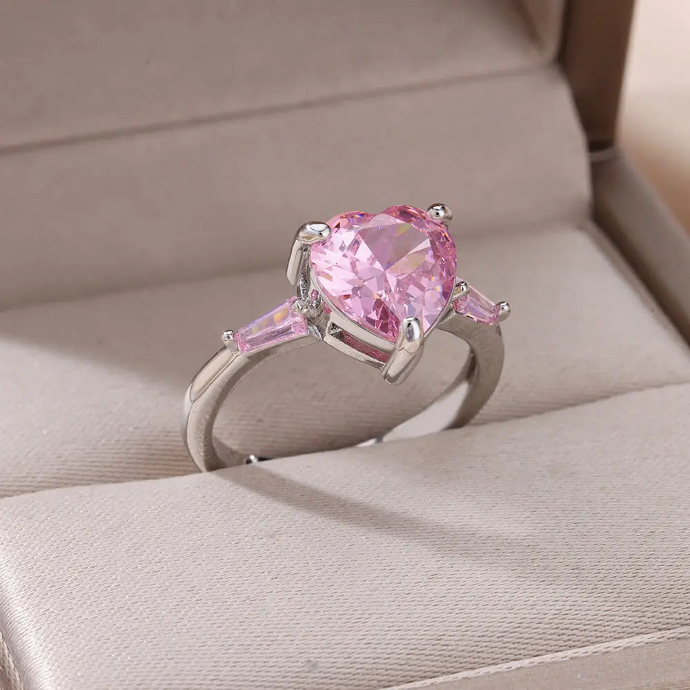 Pink Zircon Heart Rings For Women Gold Plated Stainless Steel Adjustable Heart Ring 2023 Trend Wedding Aesthetic Jewelry Gift