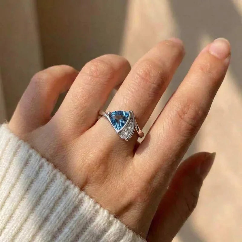925 Sterling Silver Temperament Design Cubic Zircon Blue Triangle Rings for Women Engagement Wedding Rings Fashion Jewelry