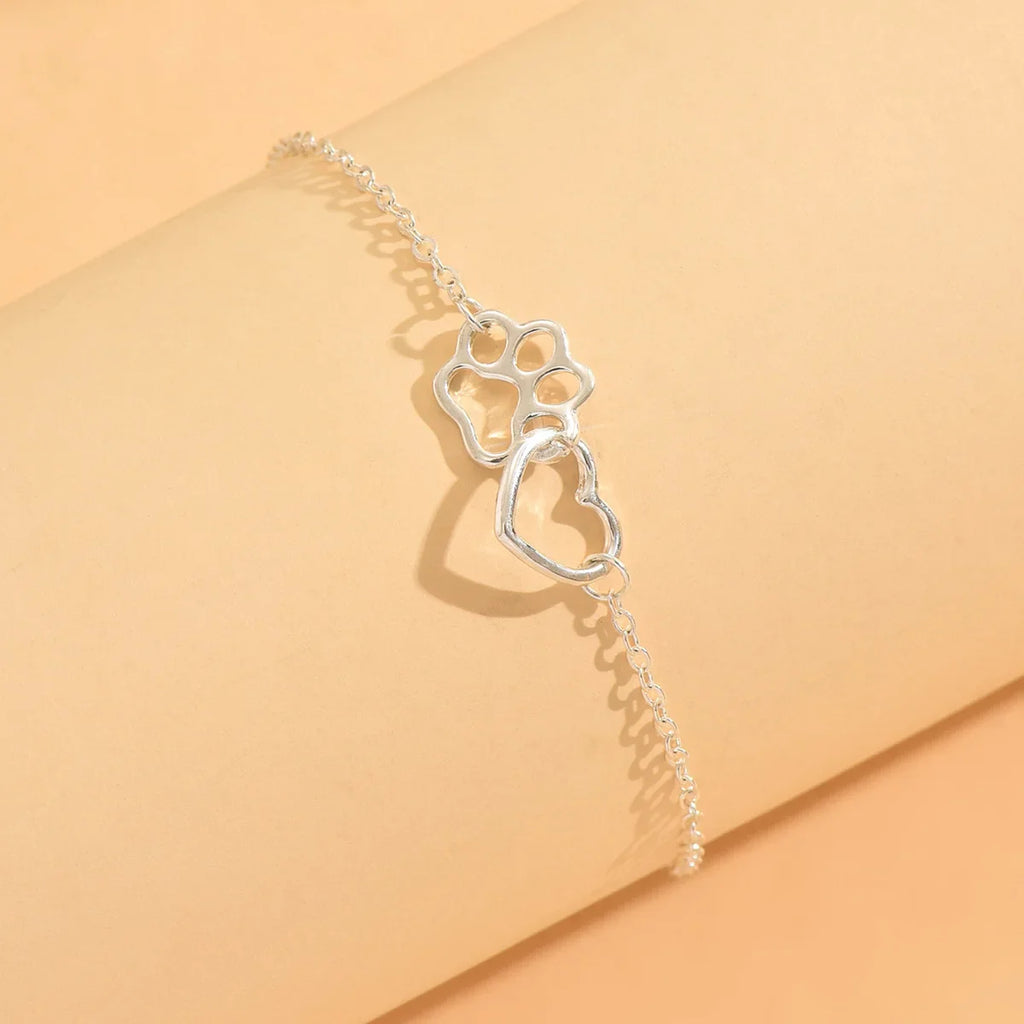 925 sterling silver women's ankle bracelet with double-layer cat claw and heart-shaped charms, Bohemian-style vacation jewelry