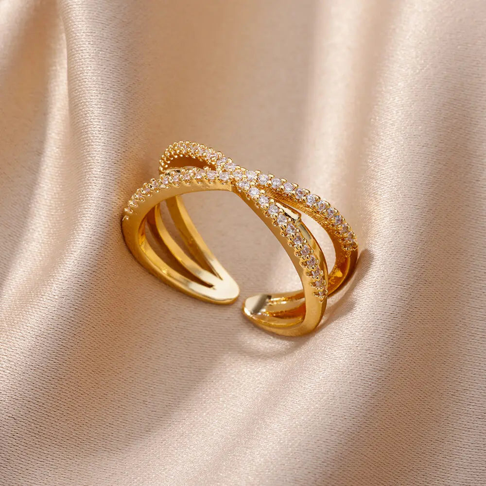 Stainless Steel Oval Hollow Zircon Open Rings For Women Gold Color Trendy Wedding Aesthetic Ring Summer Jewelry Accessories BFF