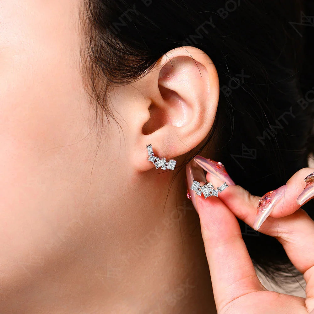 MINTYBOX Moissanite Stud Earrings for Women S925 Sterling Silver Lab Diamond Baguette shape Irregular Earring Engagement Jewelry