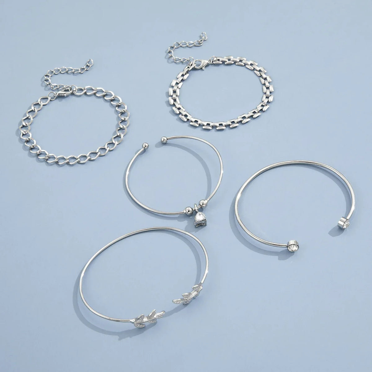 Bohemian Silver Color Geometric Link Chain Bracelet Set For Women Crystal Leaf Open Cuff Bangle Female Boho Jewelry Accessory