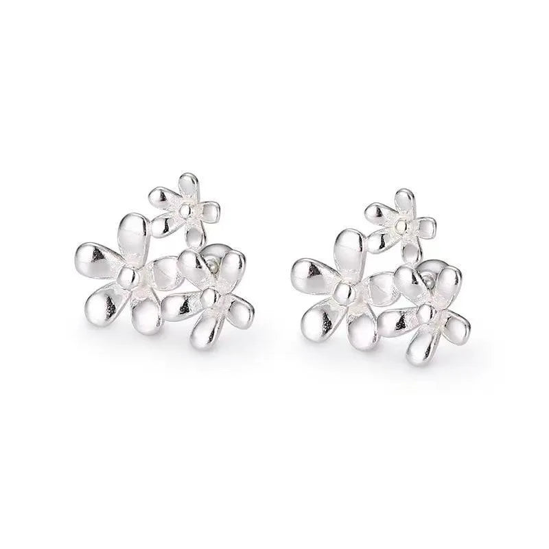 925 Sterling Silver Three Flowers Small Piercing Stud Earrings For Women Elegant Luxury Fine Jewelry Engagement Accessories