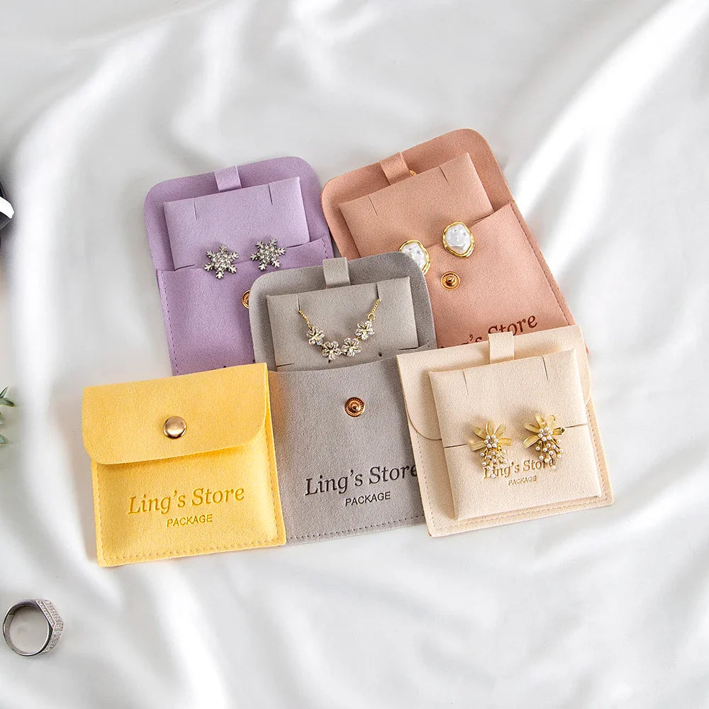 20/50/100Sets Personalized Logo Jewelry Microfiber Snap Bag 8x8cm Button Pouch Insert Luxury 6x6cm Cards Can Debossed Print Name