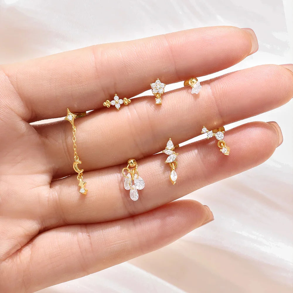 CANNER 1PC Four Pointed Star Moon Tassel Lotus Cartilage Spiral Puncture 925 Sterling Silver Stud Earring For Women Ins Earring