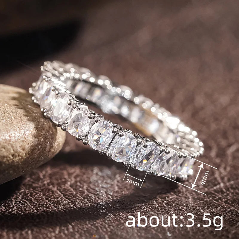 925 Sterling Silver Shiny Inlaid Oval Cubic Zirconia Ring for Women Simple Style Finger Accessories Wedding Party Trendy Jewelry