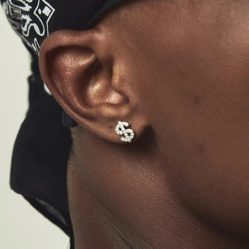 American Full Diamond Dollar Letter Stud Men's Senior Sense Super Flash Hip Hop Trend Niche Men's And Women's Fashion Earrings