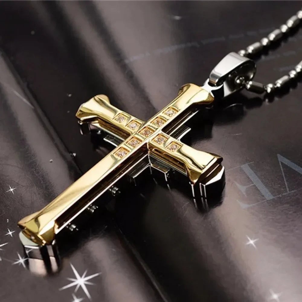 Men's Crystal Cross Pendant Necklace, Gold/Black/Blue Zirconia, Stainless Steel Jesus Cross Jewelry