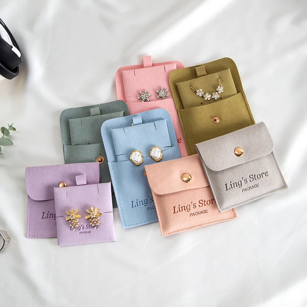 20/50/100Sets Personalized Logo Jewelry Microfiber Snap Bag 8x8cm Button Pouch Insert Luxury 6x6cm Cards Can Debossed Print Name