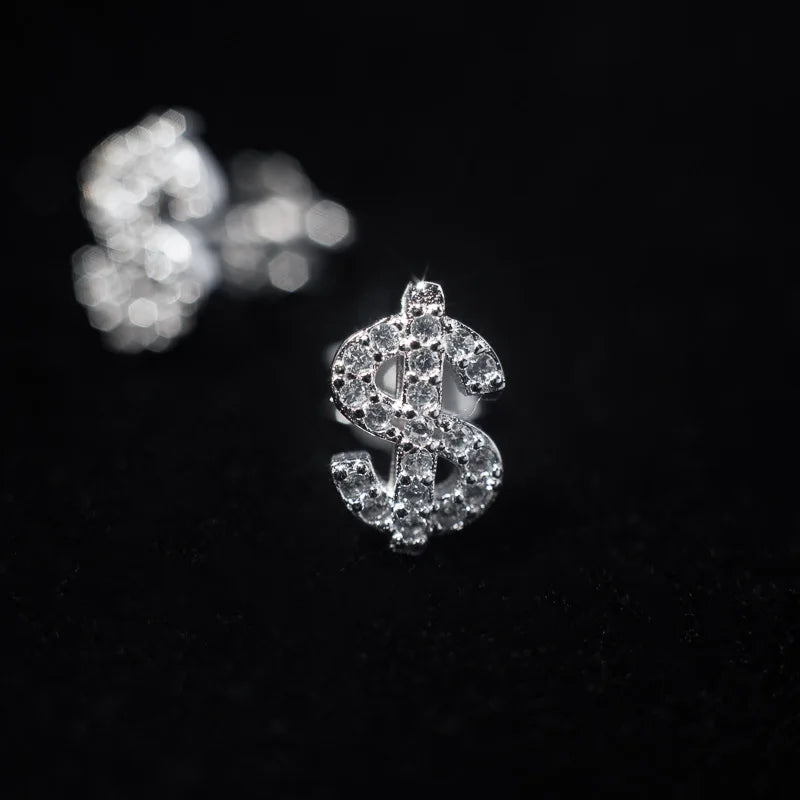 American Full Diamond Dollar Letter Stud Men's Senior Sense Super Flash Hip Hop Trend Niche Men's And Women's Fashion Earrings