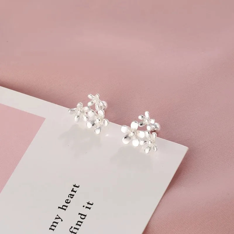 925 Sterling Silver Three Flowers Small Piercing Stud Earrings For Women Elegant Luxury Fine Jewelry Engagement Accessories
