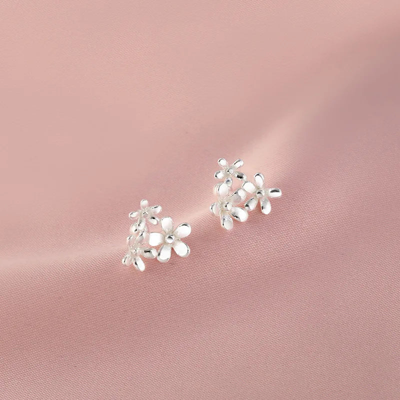925 Sterling Silver Three Flowers Small Piercing Stud Earrings For Women Elegant Luxury Fine Jewelry Engagement Accessories