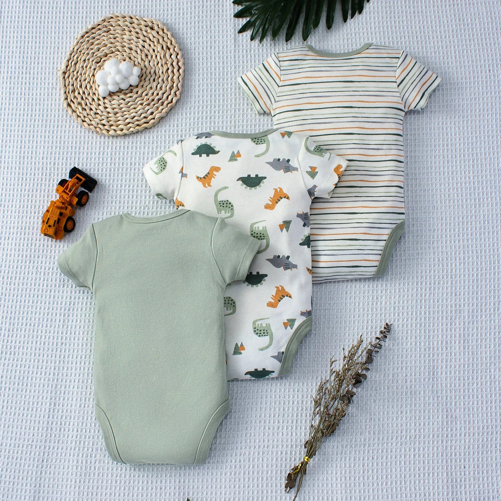 3PCS Baby Bodysuit Set for Boys | Summer Short Sleeve Cotton Romper with Cartoon Dinosaur & Stripe Designs