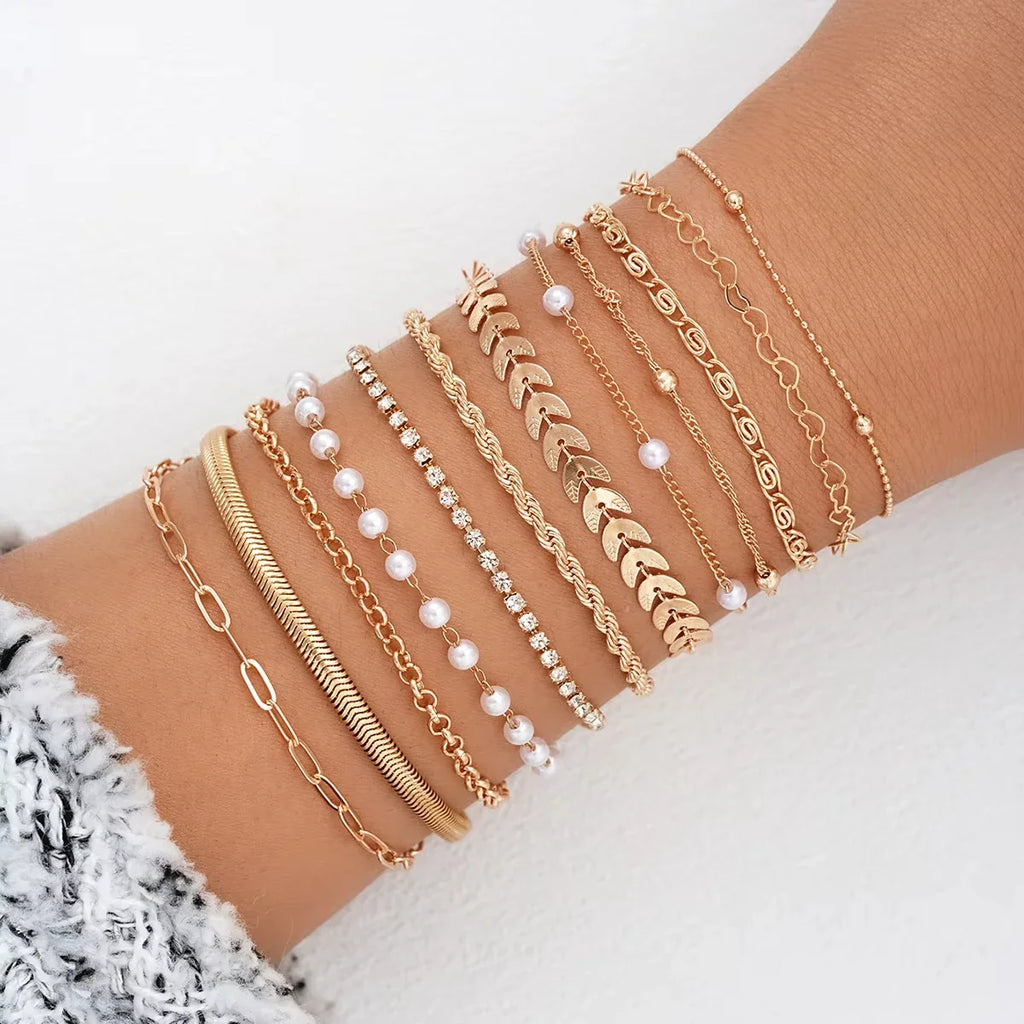 13Pcs/Set Stainless Steel Bracelet for Women, Silver Gold Color Multi Style Combination Chain, Waterproof Exquisite Jewelry Gift