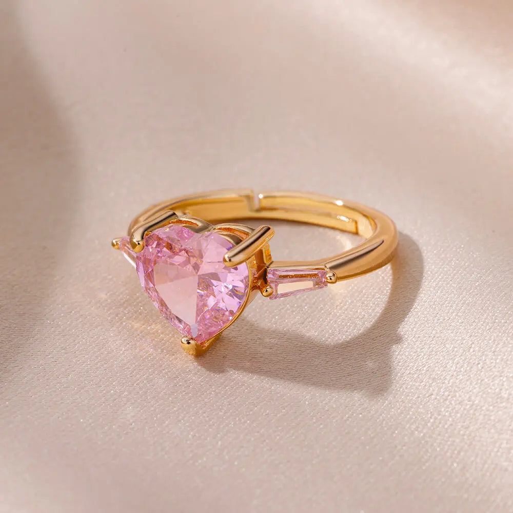 Pink Zircon Heart Rings For Women Gold Plated Stainless Steel Adjustable Heart Ring 2023 Trend Wedding Aesthetic Jewelry Gift