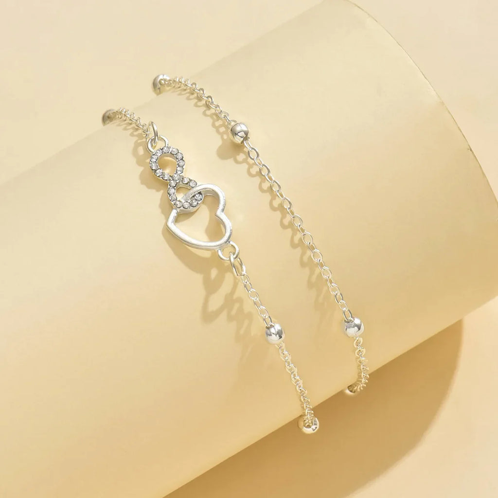 S925 heart-shaped double-layer ankle bracelet, simple and elegant, suitable for daily wear, hypoallergenic