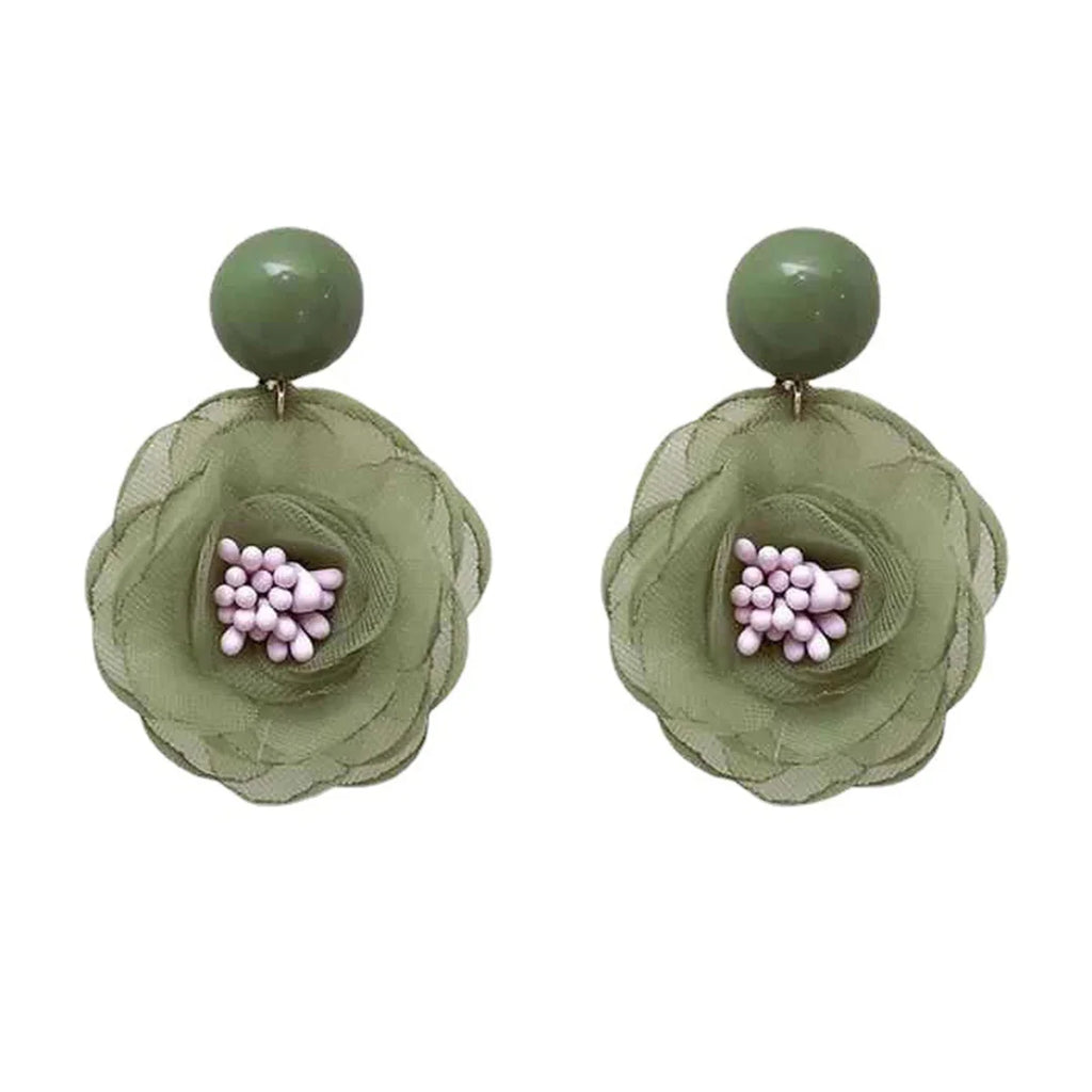 Needle Soft Snowflake Lace Flower Girl Soft Purple Milk Fruit Green Flower Dewdrop Earrings Ear Clips Fresh Sweet Style Ear Stud