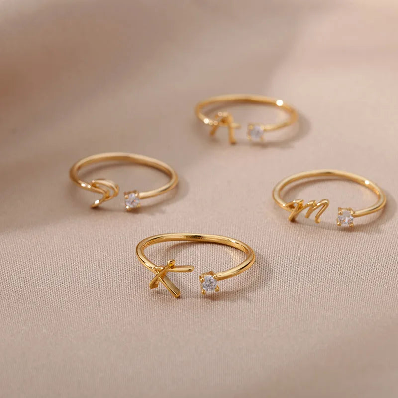 Zircon Tiny Initial Letter Rings For Women Stainless Steel A-Z Letters Adjustable Ring Female Christmas Aesthetic Jewelry Gift