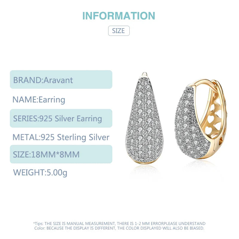 Aravant 925 Silver 18K Gold Zircon Crystal Hoop Earrings For Women Wedding Fashion Jewelry