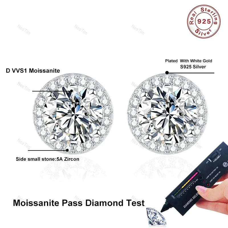 NeeTim 0.5-2CT Moissanite Stud Earrings for Women Sparkling Lab Diamond Sterling Silver S925 Wedding Party Jewelry Certified