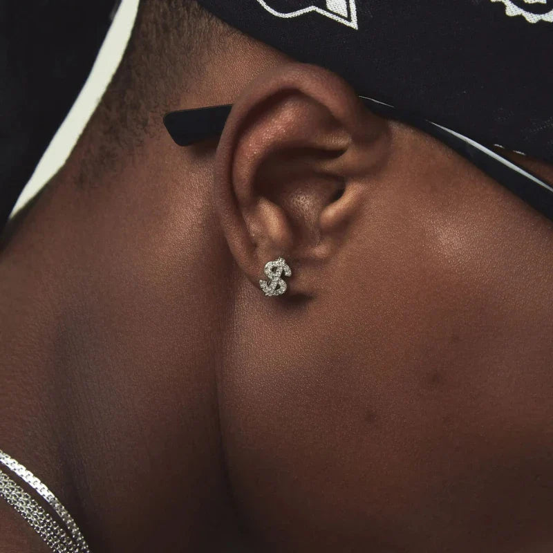 American Full Diamond Dollar Letter Stud Men's Senior Sense Super Flash Hip Hop Trend Niche Men's And Women's Fashion Earrings