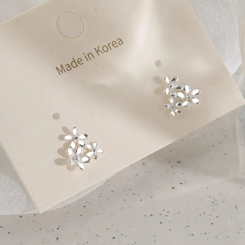 925 Sterling Silver Three Flowers Small Piercing Stud Earrings For Women Elegant Luxury Fine Jewelry Engagement Accessories