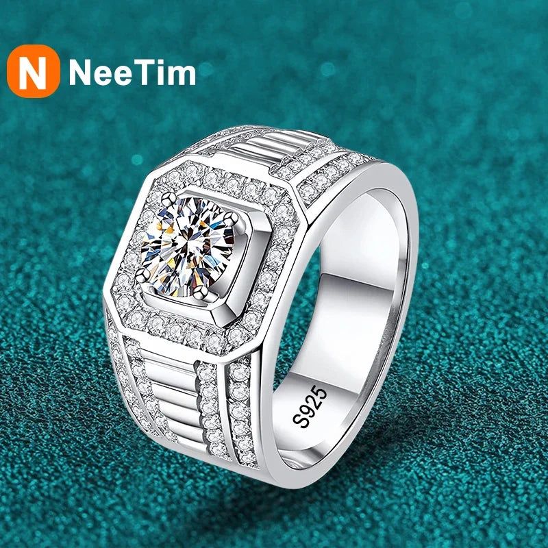 NeeTim Moissanite Ring For Men Sterling Silver Platinum Plated Ring Lab Diamond Men's Rings Man Wedding Band Fine Jewelry