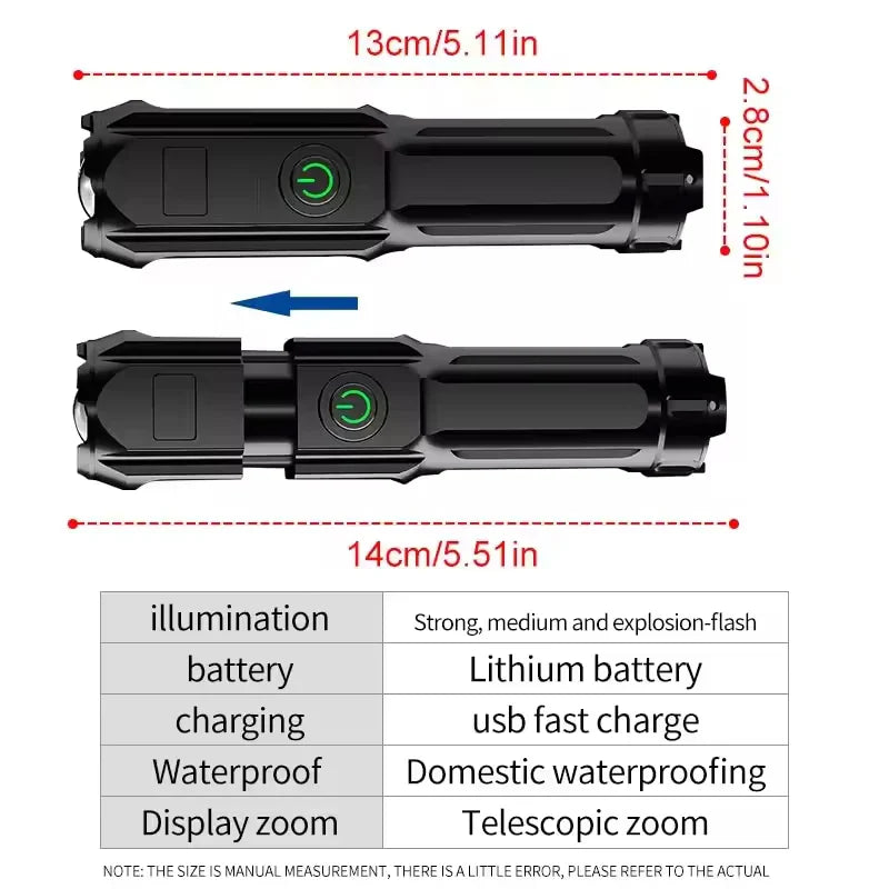 LED Camping Torch Flashlight High Power Rechargeable USB Spotlight Zoom Lantern Built-in Battery For Fishing Outdoor Waterproof