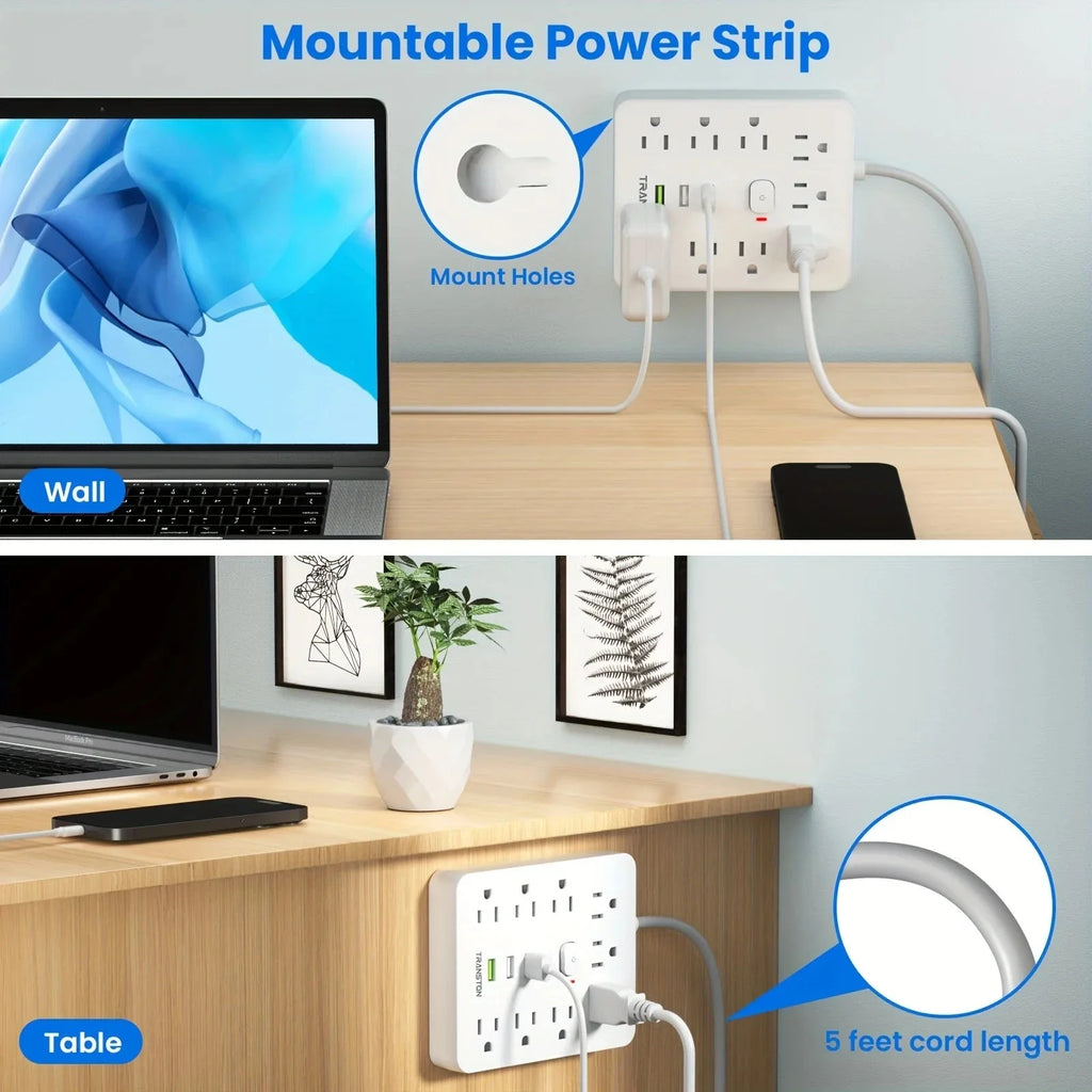 Power Strip with Surge Protector – 9 AC Outlets & 3 USB Ports, 5ft Extension Cord, Quick Charge, UL Certified Power Outlet for Home & Office (White)