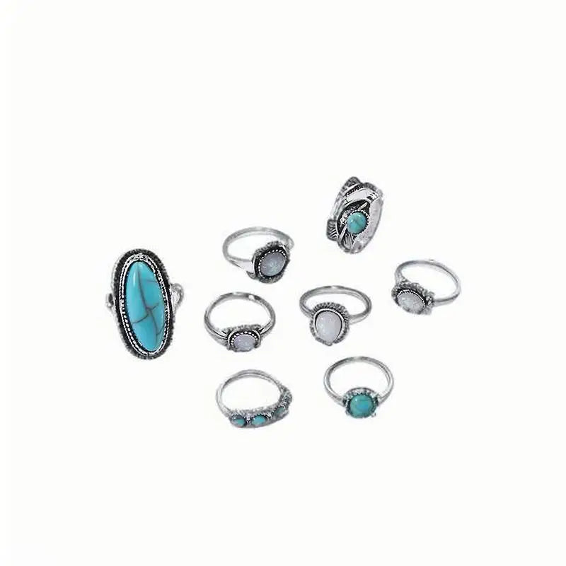 8Pcs/Set Rings Set Fashion Casual New Retro Set With Turquoise Carved Feather Ring Set High-grade Jewelry
