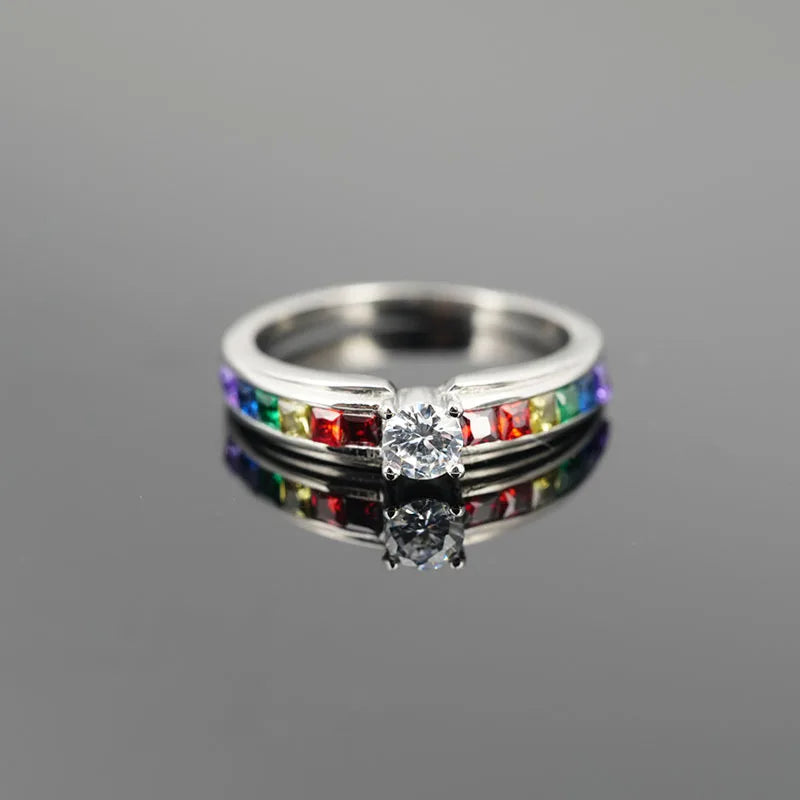 Real 100% 925 Sterling Silver Color Rainbow Cubic Zircon Rings For Women Wedding Lovely Engagement Proposal Ring Accessory