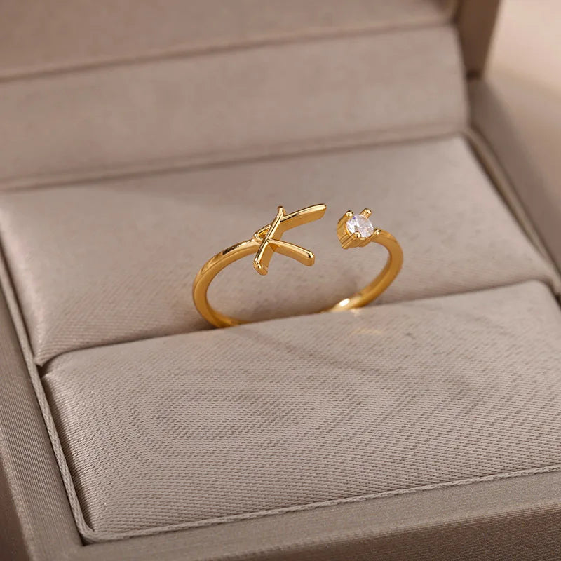 Zircon Tiny Initial Letter Rings For Women Stainless Steel A-Z Letters Adjustable Ring Female Christmas Aesthetic Jewelry Gift