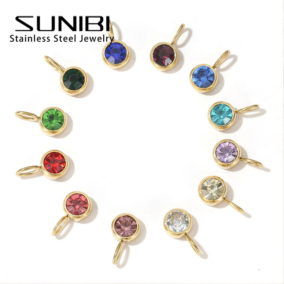 Zirconia Birthstone Pendant 12 Months Color Stone DIY Accessories for Necklace Stainless Steel Jewelry Birthday Gift Wholesale