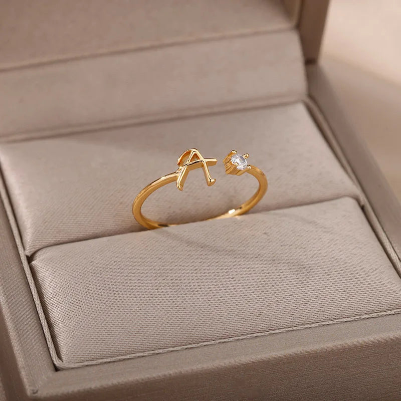 Zircon Tiny Initial Letter Rings For Women Stainless Steel A-Z Letters Adjustable Ring Female Christmas Aesthetic Jewelry Gift