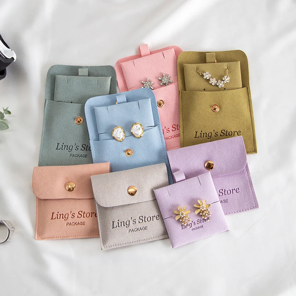 20/50/100Sets Personalized Logo Jewelry Microfiber Snap Bag 8x8cm Button Pouch Insert Luxury 6x6cm Cards Can Debossed Print Name